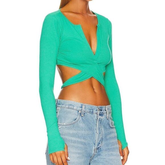 Lovers + Friends Tops - Lovers + Friends Ludrow Turquoise Long Sleeve Cropped Wrap Top Women’s Size L